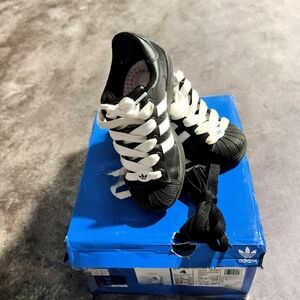 Adidas Superstars  Kids Black Sneakers with White Stripes